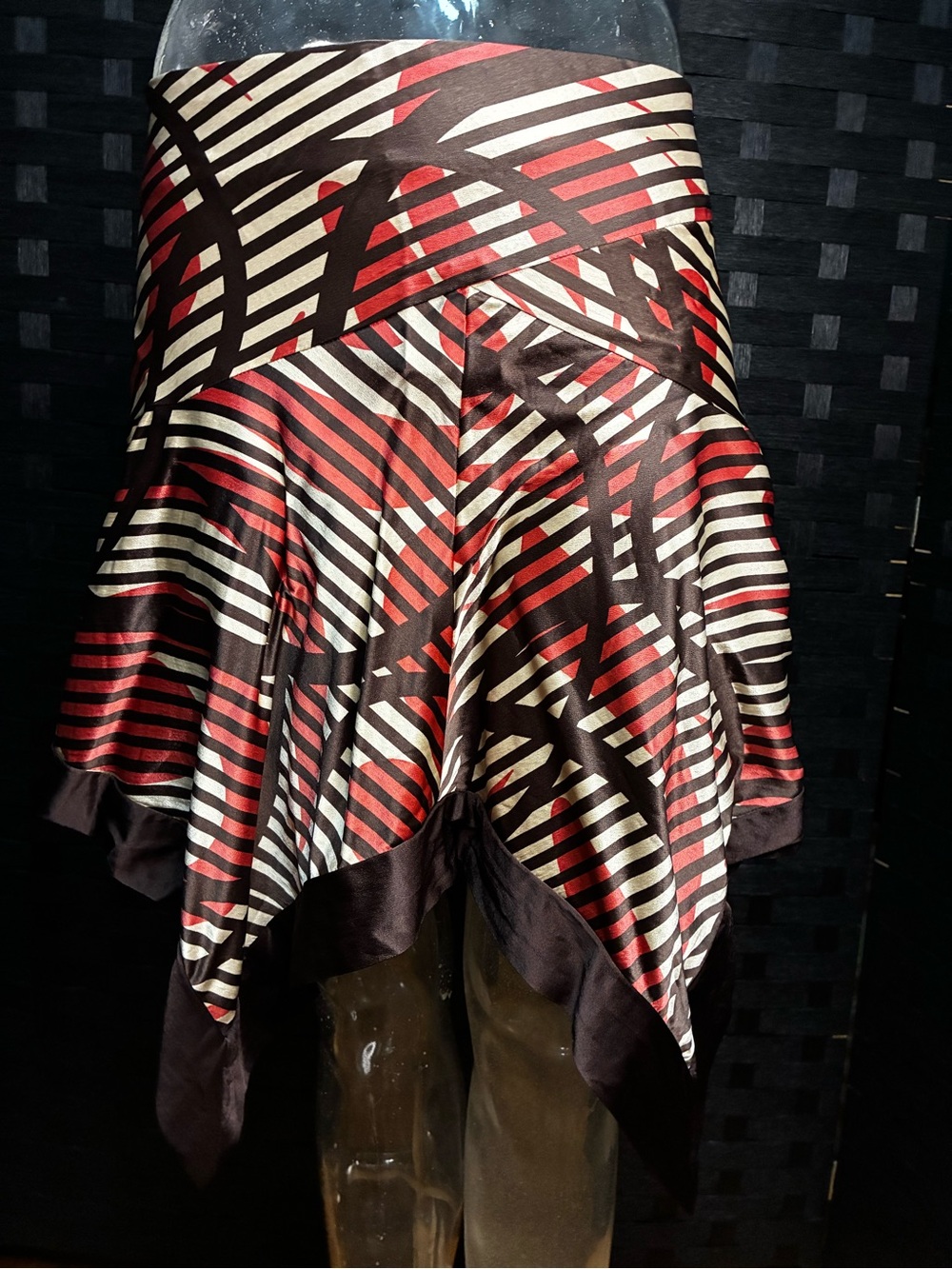 Vintage Y2K bebe Red, Cream & Black Asymmetrical Handkerchief Hem Skirt